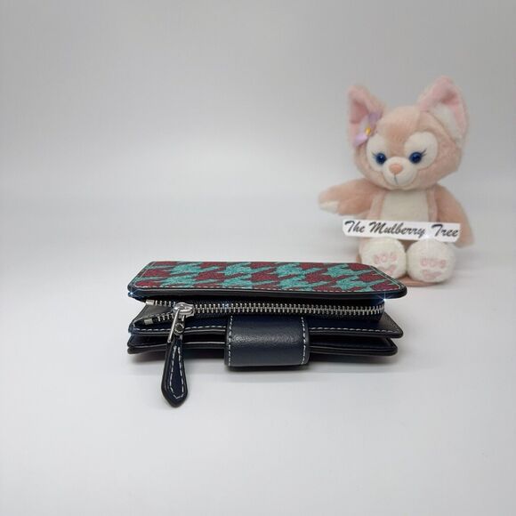 Coach Medium Corner Zip Wallet With Houndstooth Print Teal Wine CJ680 NWT $198 - Picture 3 of 9